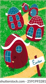 Colorful bright City of Easter eggs. Bright houses in the shape of Easter eggs on a green background, banner or postcard.