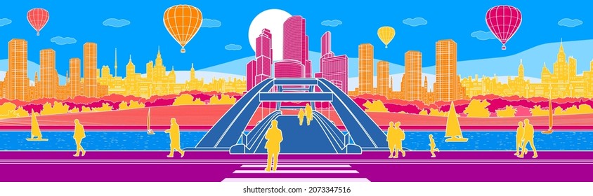 Colorful bright cityscape sketch. Balloons are flying over town. Pedestrian bridge over river. Night modern city. Infrastructure illustration. People walking at street. Vector design art