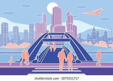 Colorful bright cityscape sketch. Pedestrian bridge over the river. Airplane fly. Modern embankment city. Infrastructure town illustration. People walking at street. Vector design art