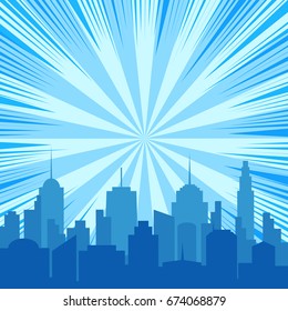 Colorful bright comic template with city silhouette rays and radial background in blue colors in pop art style. Vector illustration