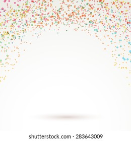 Colorful bright confetti carnival background layout with rainbow dot particle splatter. Vector illustration