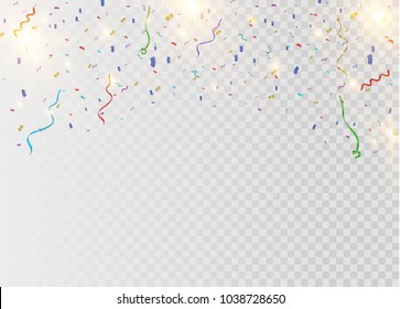 Colorful bright confetti isolated on transparent background. Festive vector illustration.Glow light effect.