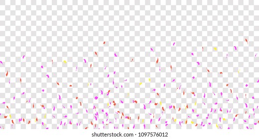 Colorful bright confetti isolated on transparent background. Festive vector illustration. Concept of happy birthday, party, romantic event and holidays.