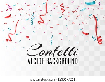 Colorful bright confetti isolated on transparent background. Festive vector illustration. Colorful confetti on a beautiful background. Celebration and party.