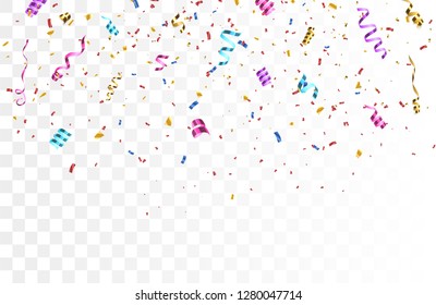 Colorful bright confetti isolated on transparent background. Festive vector illustration