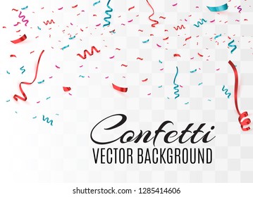 Colorful bright confetti isolated on transparent background. Festive vector illustration. Colorful confetti on a beautiful background. Celebration and party.