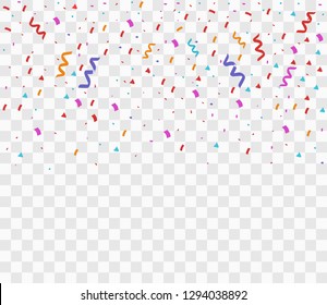 Colorful bright confetti isolated on transparent background. Festive vector illustration.