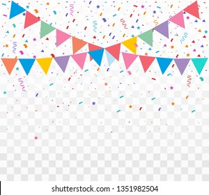 Colorful bright confetti isolated on transparent background. Festive vector illustration