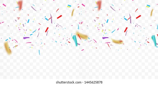 Colorful Bright Confetti Isolated on Transparent Background. Holiday Decorative Falling Shiny Confetti. Vector Illustration