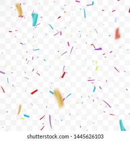 Colorful Bright Confetti Isolated on Transparent Background. Holiday Decorative Falling Shiny Confetti. Vector Illustration