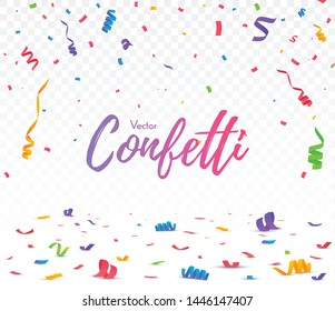 Colorful bright confetti isolated on transparent background. Festive vector illustration