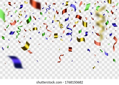 Colorful bright confetti isolated on transparent background. Many Falling Tiny Confetti And Ribbon. Celebration Event and Party. Multicolored.