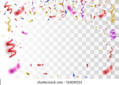 Colorful bright confetti isolated on transparent background. Festive vector illustration