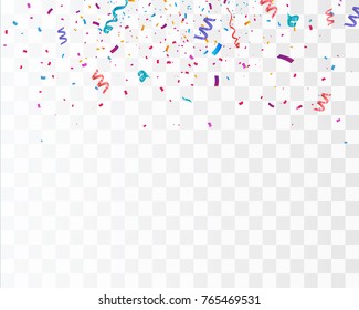 Colorful bright confetti isolated on transparent background. Festive vector illustration