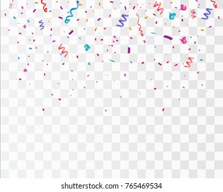 Colorful bright confetti isolated on transparent background. Festive vector illustration