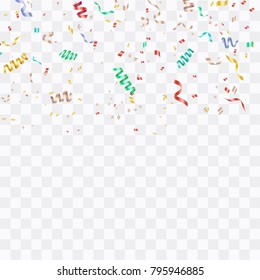 Colorful bright confetti isolated on transparent background. Festive vector illustration