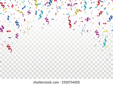 Colorful bright confetti on transparent background. Festive illustration for holiday design.