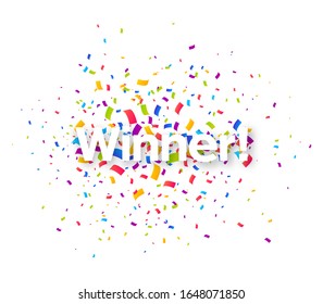 Colorful Bright Confetti Pieces Isolated On White Background With Text Winner In The Middle. Celebration Party, Vector Illustration