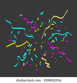 Colorful Bright Confetti And Ribbon Falling On Black Background. Vector Illustration