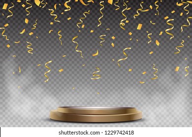 Colorful bright confetti and round podium isolated on transparent background. Festive Vector Illustration