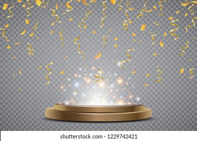 Colorful bright confetti and round podium isolated on transparent background. Festive Vector Illustration