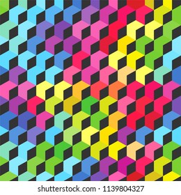 Colorful bright cubes. Seamless pattern, geometric background. optical illusions. Vector illustration.
