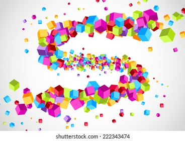 Colorful bright cubic particle tornado swoosh. Vector illustration