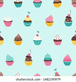 Colorful and bright cute cupcakes seamless pattern. Hand drawn vector llustration.