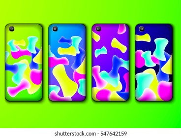 Colorful bright design phone case, smartphone made of abstract geometric shapes. Set. Modern style.