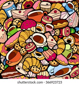 Colorful Bright Doodle Background Coffee Shop Bakery Theme Abstract. Creative Food Pattern Coffee-shop Wallpaper. 