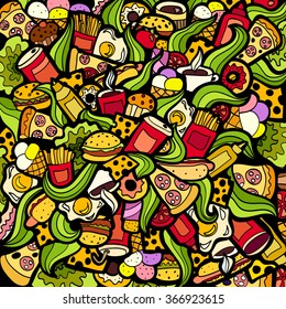 Colorful bright Doodle background Fastfood theme abstract. Creative fast food pattern wallpaper. 