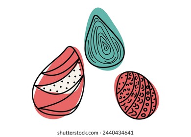 Colorful bright Doodle Easter eggs. Vector hand drawn illustration done in black, red, blue colors. One from the collection on Happy Easter	