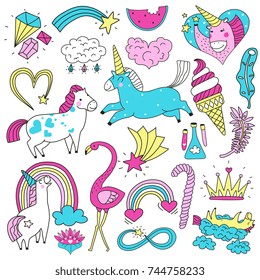 Colorful bright doodle set of cute magic horses unicorns rainbow stars hearts isolated on white background vector illustration