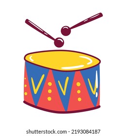 Colorful bright drum with two sticks flat vector illustration