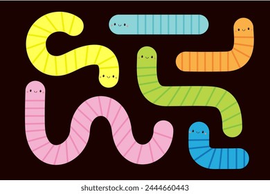 Colorful bright earthworm icon set. Worm insect. Cartoon funny kawaii baby animal character. Cute crawling bug collection. Smiling face. Geometric line shape. Flat design. Black background. Vector