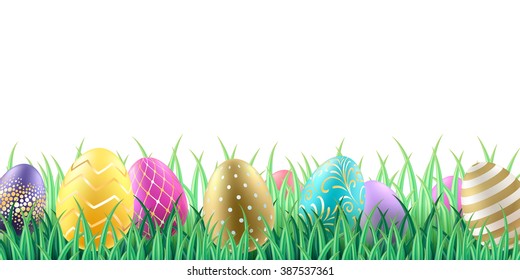 Colorful bright Easter eggs hidden in grass background. Good for greeting card cover banner design.