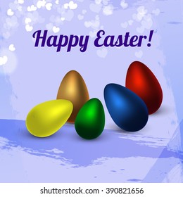 Colorful bright Easter eggs on blue background. 