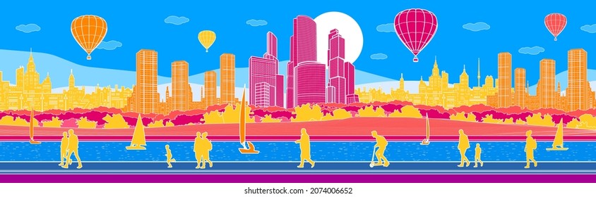 Colorful Bright Embankment Cityscape Sketch. Balloons Are Flying Over Town. Color Modern City. Infrastructure Illustration. People Walking At Street. Vector Design Art