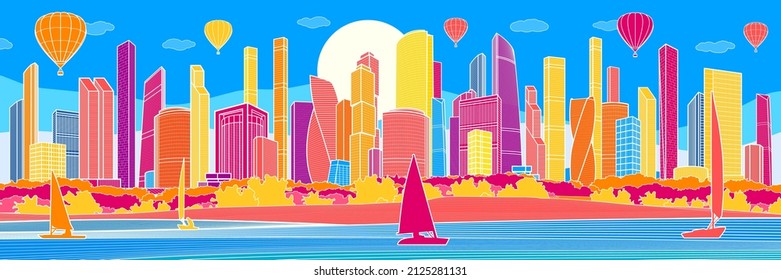 Colorful bright embankment cityscape sketch. Balloons are flying over town. Color modern city. Boats on the water. Infrastructure outlines illustration. Vector design art