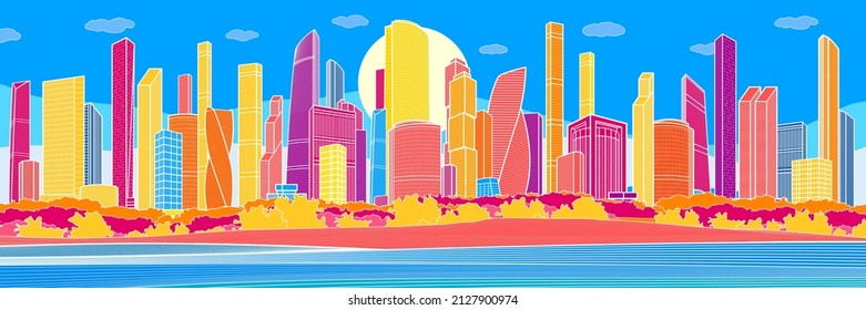 Colorful bright embankment cityscape sketch. Color modern city. Infrastructure outlines illustration. Vector design art