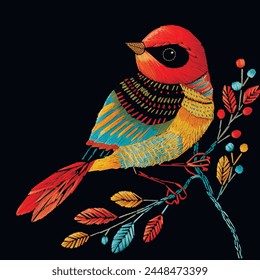 Colorido brillante bordado pequeño exótico colibri pájaro patrón texturizado. Ilustración decorativa ornamental de fondo de Vector floral con pájaro tropical lindo en la rama con hojas.