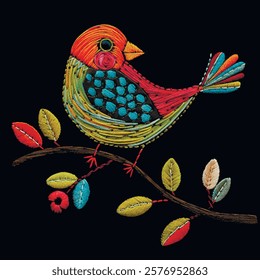 Colorful bright embroidery little exotic colibri bird textured pattern. Decorative ornamental stitching lines floral vector background illustration with cute tropical bird on the branch with leaves.