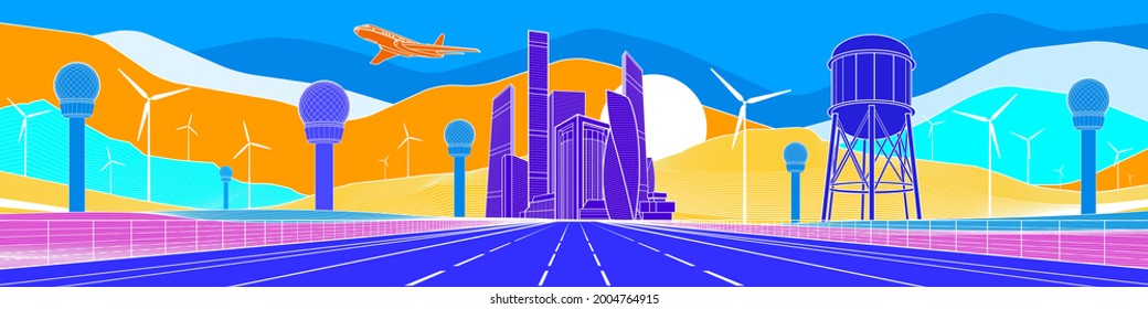 Colorful bright field landscape. Futuristic illustration. Water tower.  Airplane fly. Wind turbines. Business center. White outline on color waves background. Vector design art