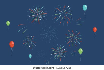 Colorful bright fireworks and air balloons for holiday, new year, birthday party, festive, carnival, Independence Day vector flat illustration. Composition with fireworks for celebration.