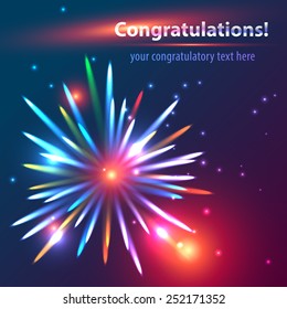 Colorful, bright fireworks scatters in the dark sky against a background of twinkling stars and glare. Fully editable vector. Ideal to use as an e-mail greeting cards.