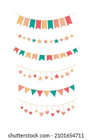 Colorful bright flag garland set flat style vector illustration. Triangle shape festoon banners, stars and hearts hanging decorations. Party decor elements, happy birthday anniversary celebration.