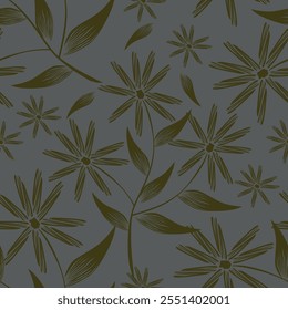 Colorful bright floral print with flowers and leaf. Vector seamless pattern.