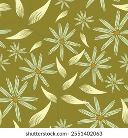 Colorful bright floral print with flowers and leaf. Vector seamless pattern.