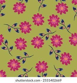 Colorful bright floral print with flowers and leaf. Vector seamless pattern.