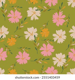 Colorful bright floral print with flowers and leaf. Vector seamless pattern.